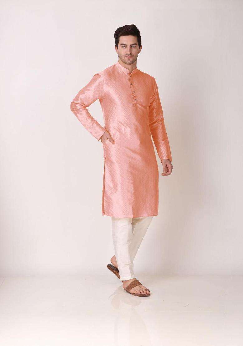 Pink Embroidered Silk Blend Kurta Set For Men - Indya