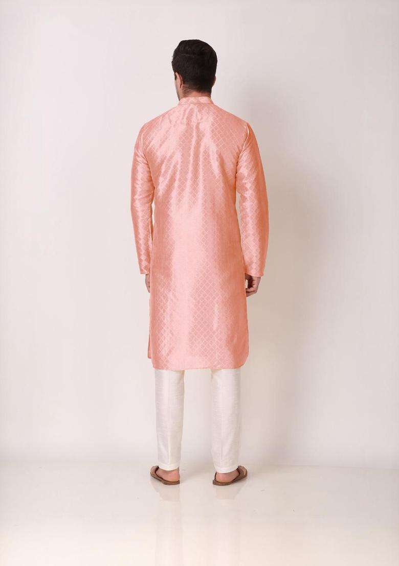 Pink Embroidered Silk Blend Kurta Set For Men - Indya