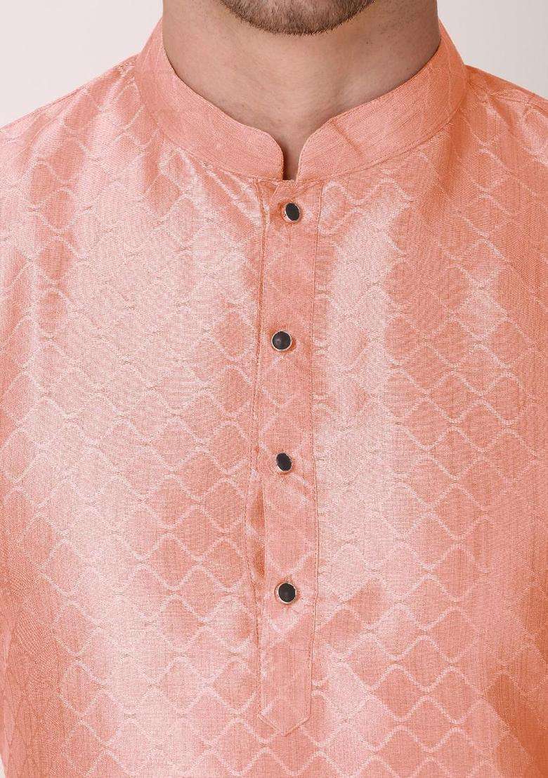 Pink Embroidered Silk Blend Kurta Set For Men - Indya
