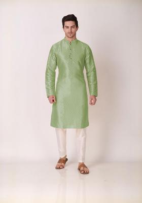 Lime Green Embroidered Silk Kurta Set For Men