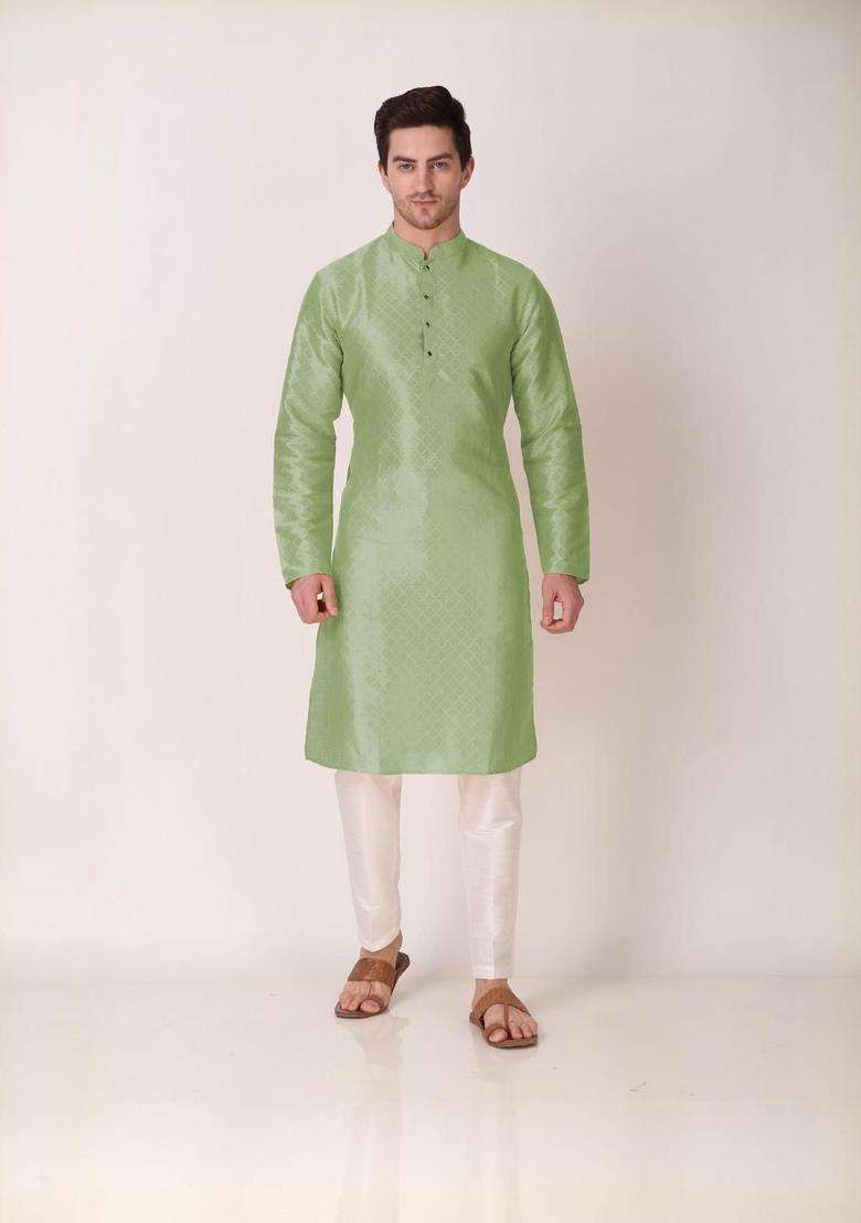 Lime Green Embroidered Silk Blend Kurta Set For Men - Indya
