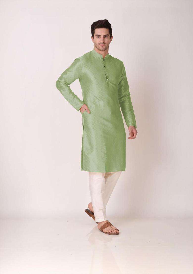 Lime Green Embroidered Silk Blend Kurta Set For Men - Indya