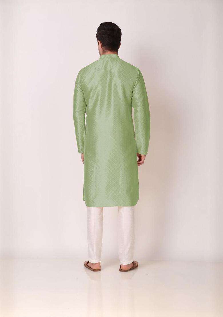 Lime Green Embroidered Silk Blend Kurta Set For Men - Indya