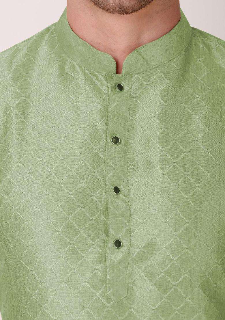 Lime Green Embroidered Silk Blend Kurta Set For Men - Indya