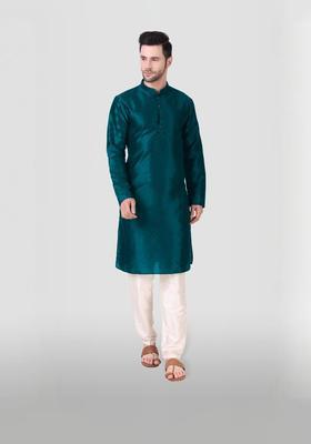 Teal Embroidered Silk Kurta Set For Men