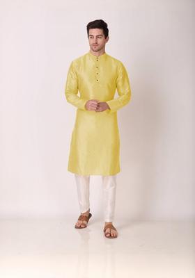 Yellow Embroidered Silk Kurta Set For Men