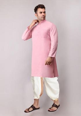 Pink Embroidered Cotton Kurta Set For Men