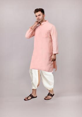 Peach Embroidered Cotton Kurta Set For Men