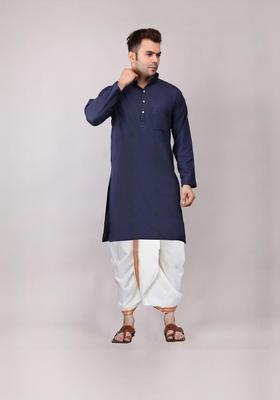 Navy Blue Embroidered Cotton Kurta Set For Men