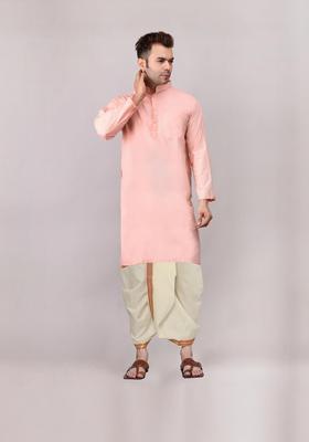 Peach Embroidered Cotton Kurta Set For Men