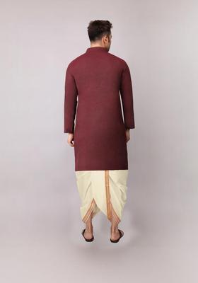 Maroon Embroidered Cotton Kurta Set For Men