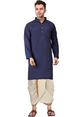 Navy Blue Embroidered Cotton Kurta Set For Men