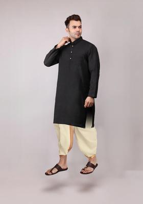 Black Embroidered Cotton Kurta Set For Men