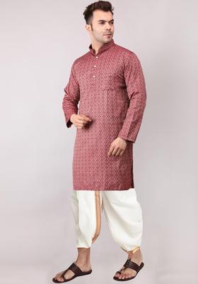 Maroon Embroidered Cotton Kurta Set For Men