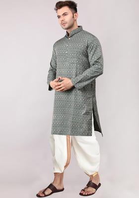 Green Embroidered Cotton Kurta Set For Men