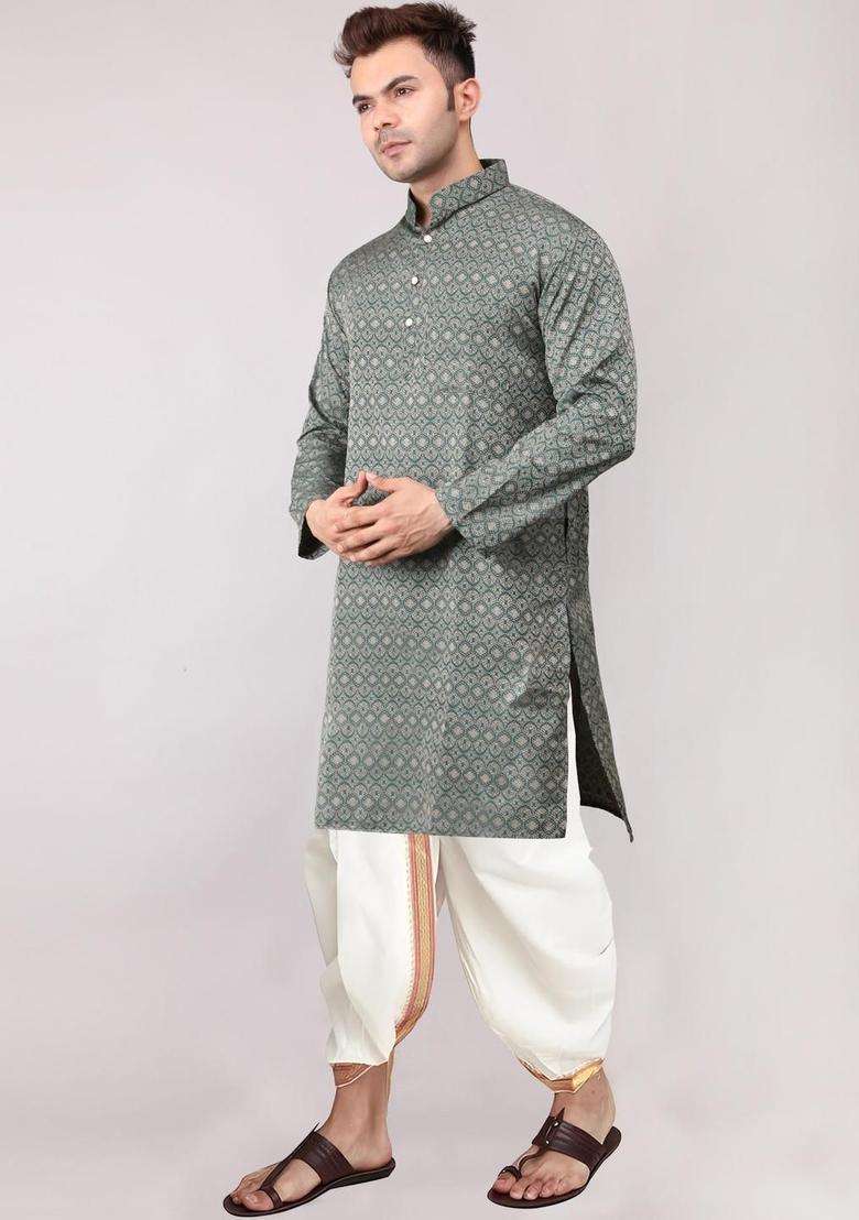 Green Embroidered Cotton Kurta Set For Men - Indya