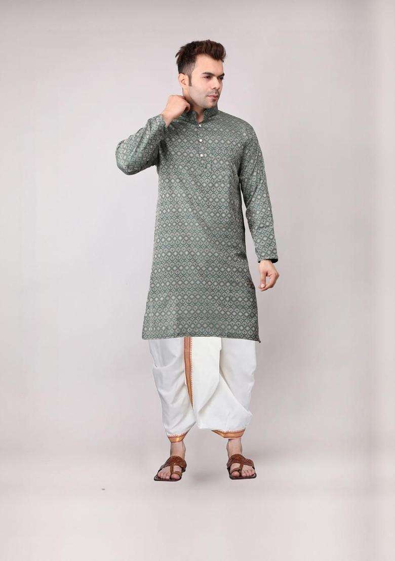 Green Embroidered Cotton Kurta Set For Men - Indya