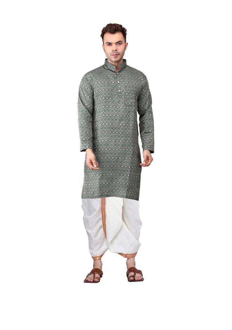Green Embroidered Cotton Kurta Set For Men - Indya