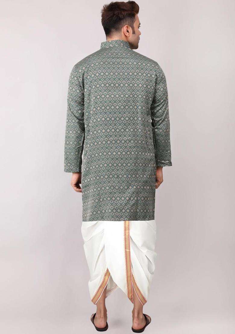 Green Embroidered Cotton Kurta Set For Men - Indya