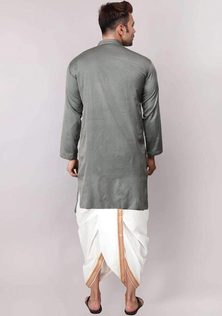 Green Embroidered Cotton Kurta Set For Men - Indya