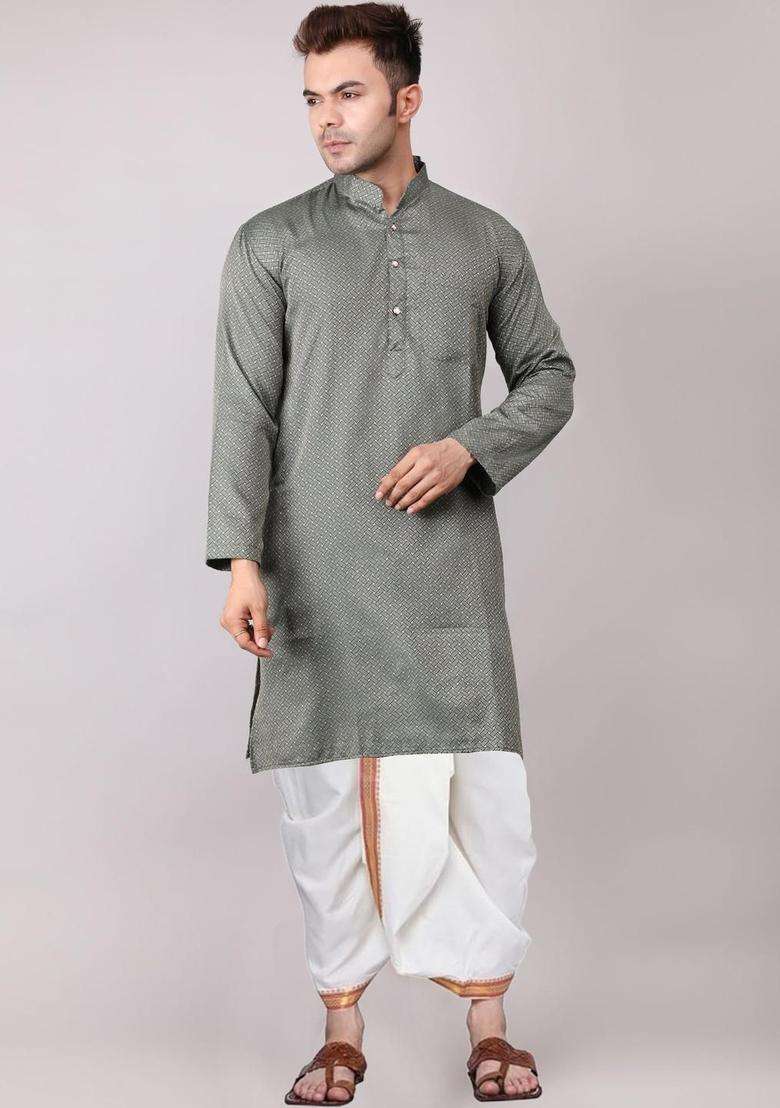 Green Embroidered Cotton Kurta Set For Men - Indya