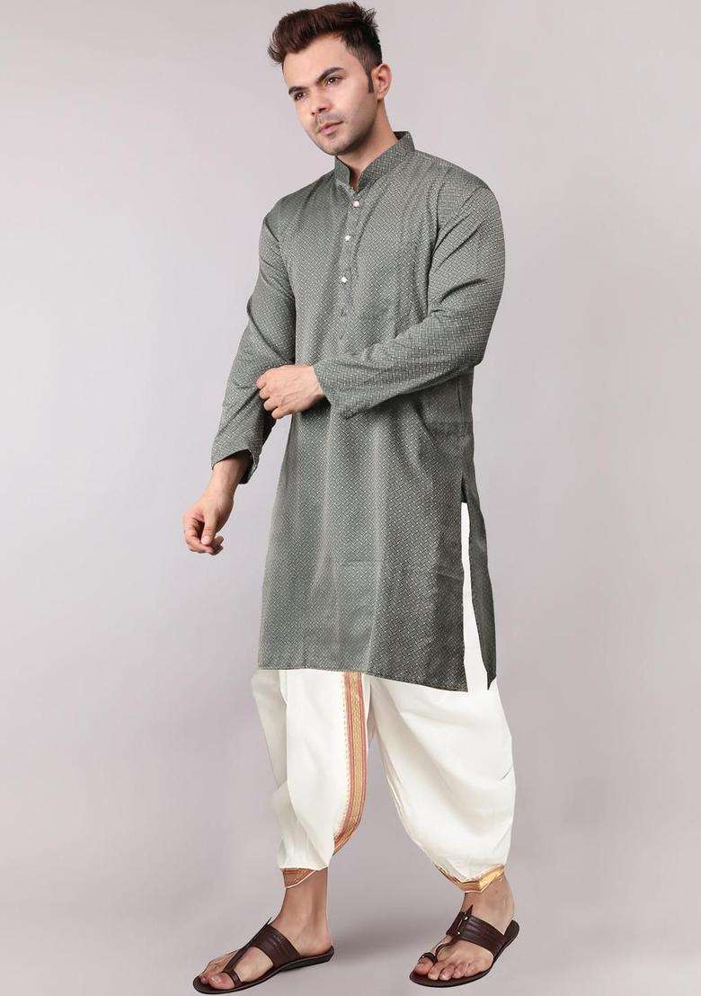 Green Embroidered Cotton Kurta Set For Men - Indya