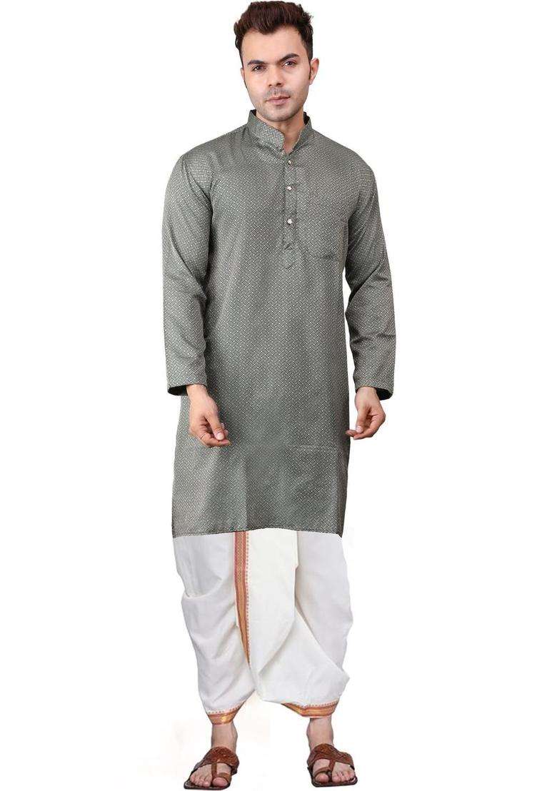 Green Embroidered Cotton Kurta Set For Men - Indya