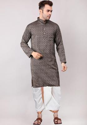 Black Embroidered Cotton Kurta Set For Men