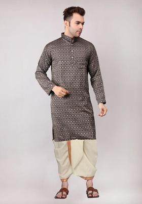 Black Embroidered Cotton Kurta Set For Men