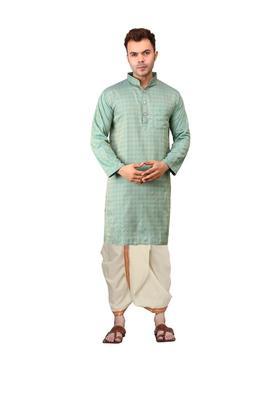 Green Embroidered Cotton Kurta Set For Men