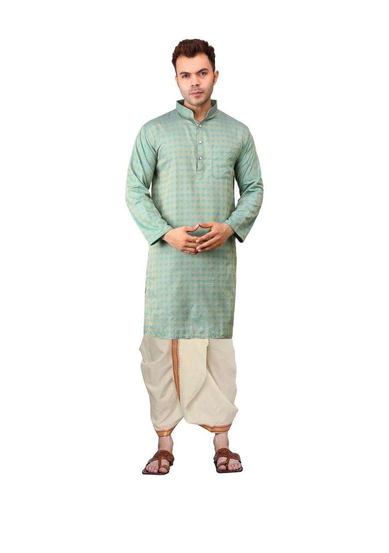 Green Embroidered Cotton Kurta Set For Men - Indya