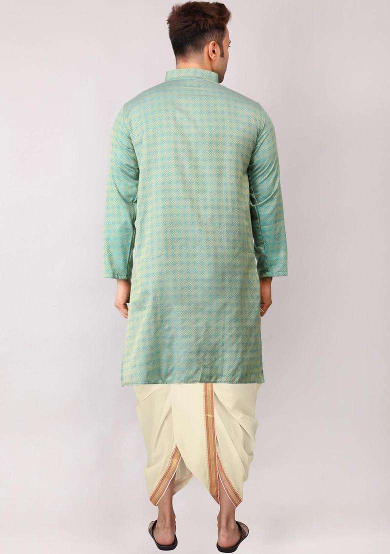 Green Embroidered Cotton Kurta Set For Men - Indya