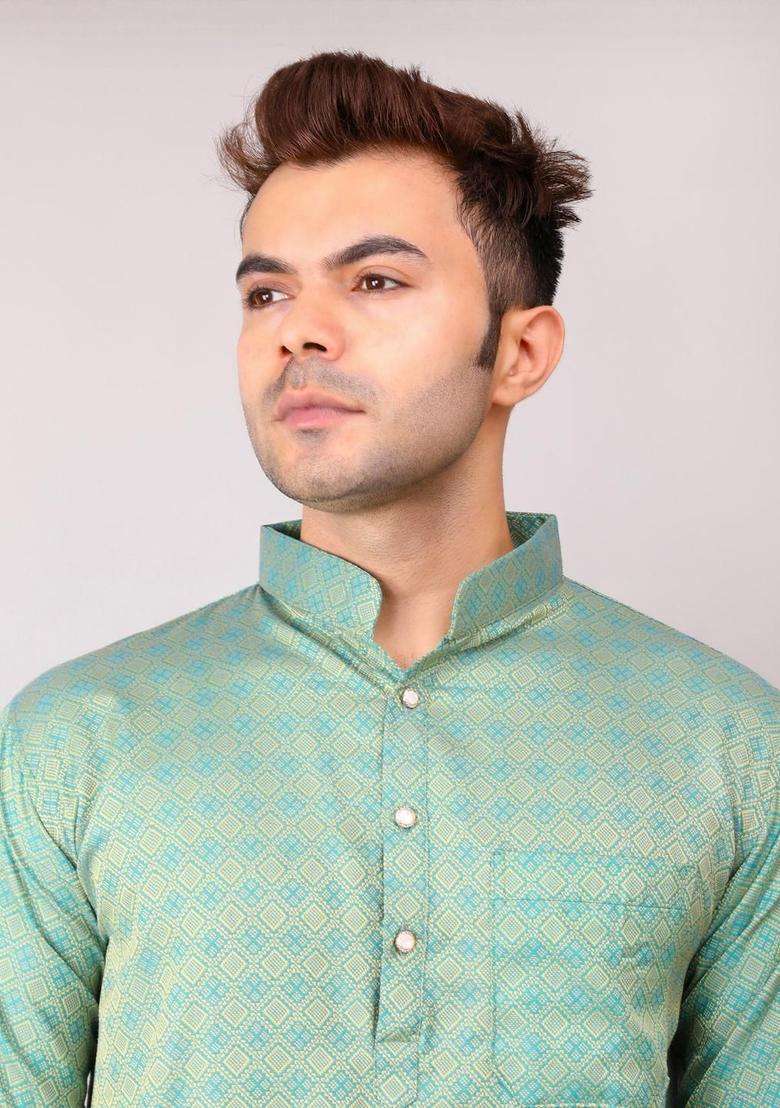 Green Embroidered Cotton Kurta Set For Men - Indya