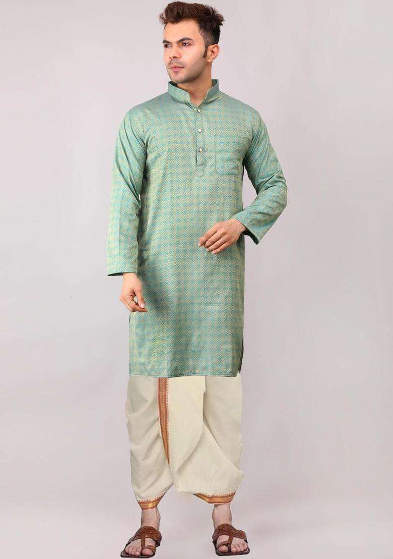 Green Embroidered Cotton Kurta Set For Men - Indya