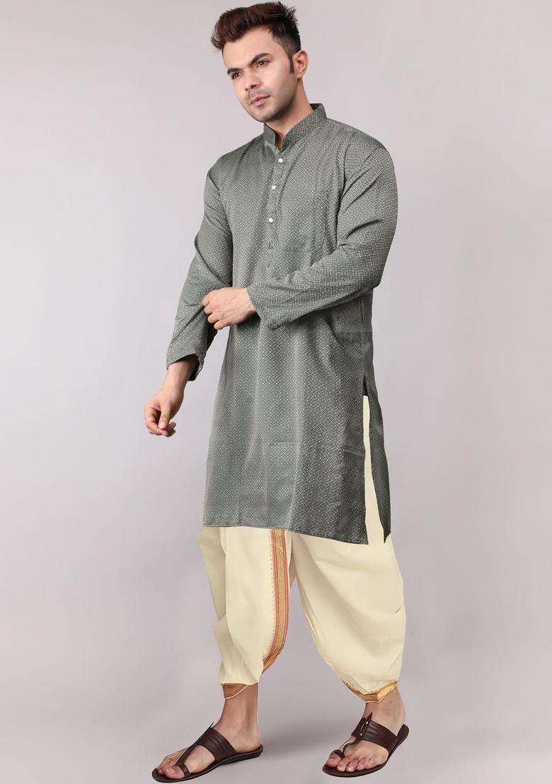 Green Embroidered Cotton Kurta Set For Men - Indya