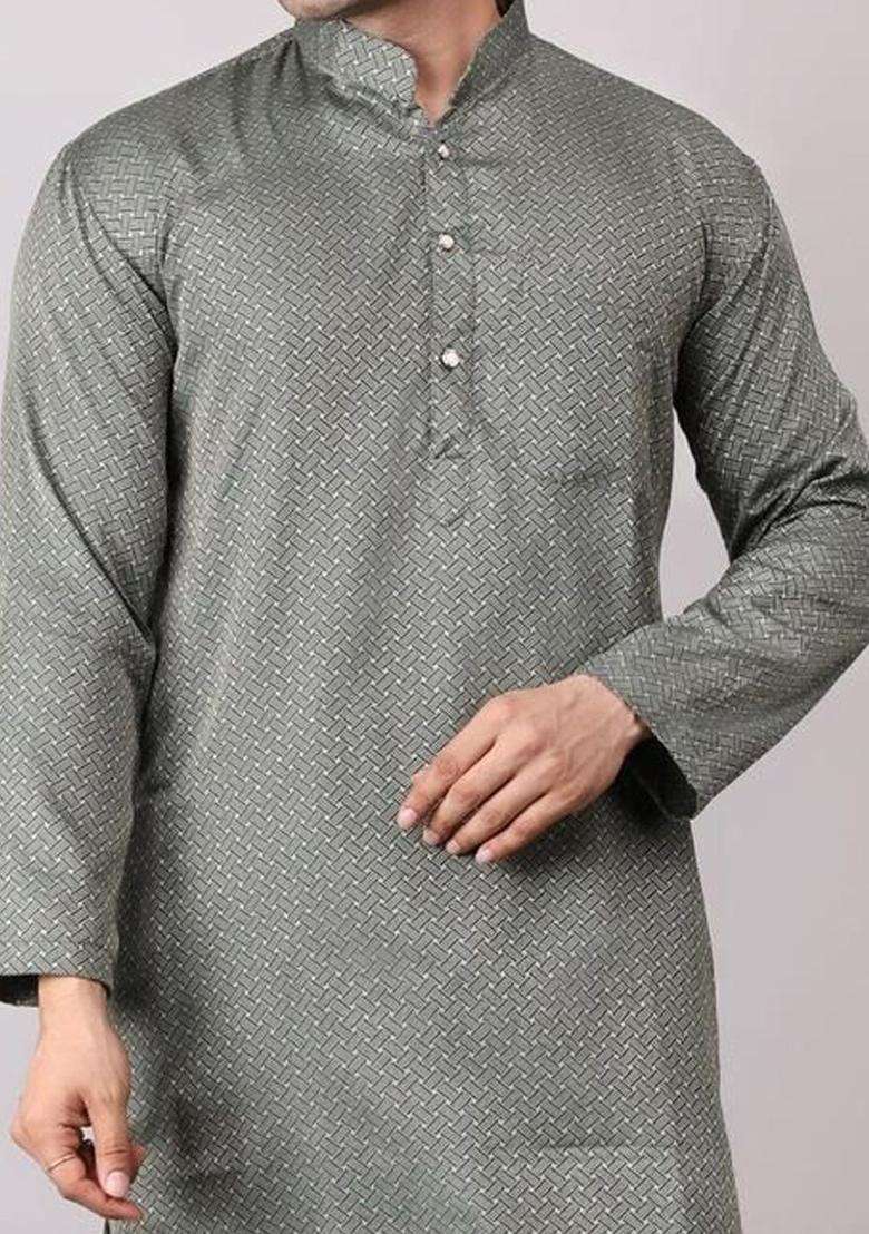 Green Embroidered Cotton Kurta Set For Men - Indya