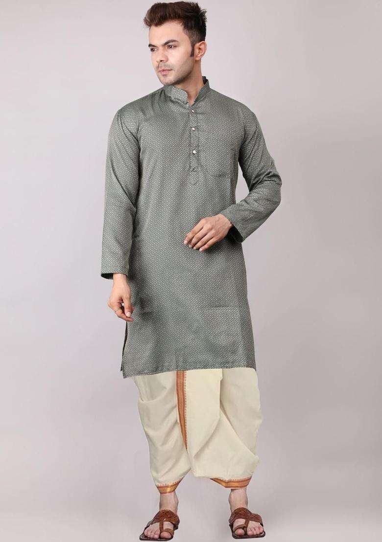 Green Embroidered Cotton Kurta Set For Men - Indya