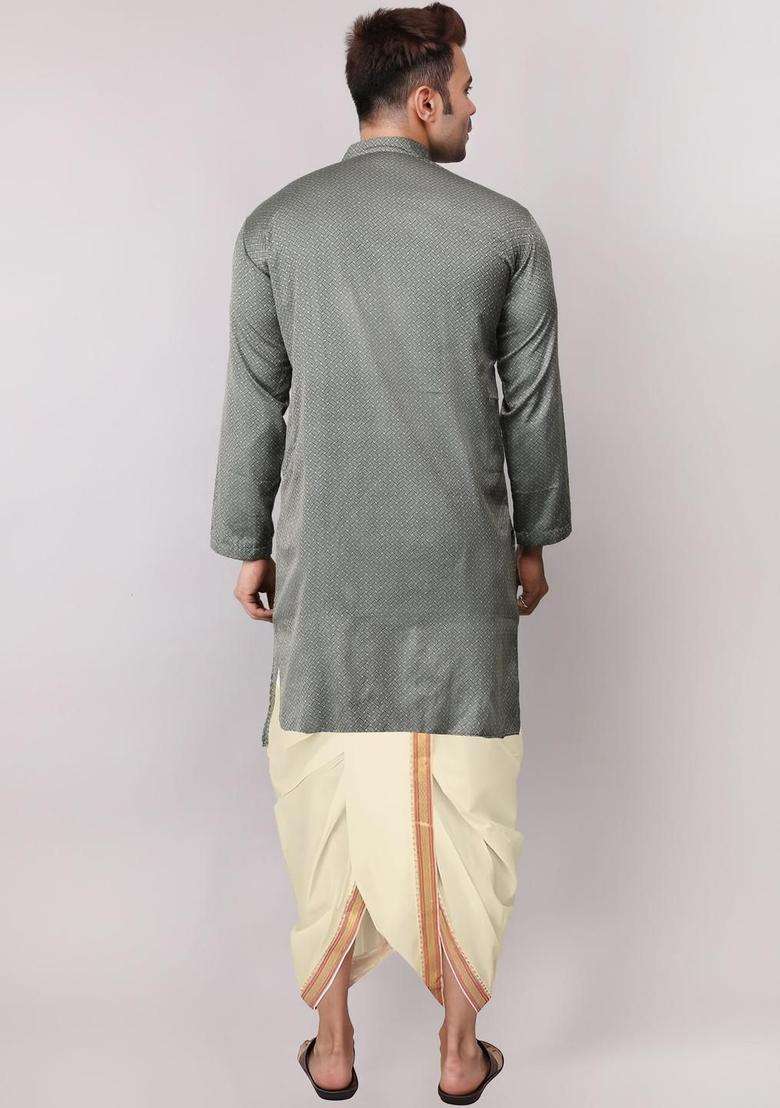Green Embroidered Cotton Kurta Set For Men - Indya