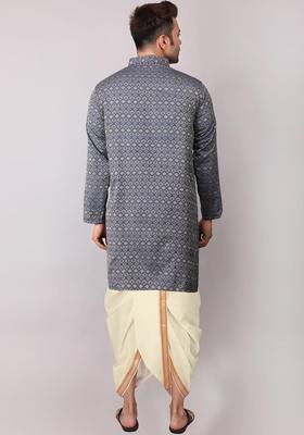 Navy Blue Embroidered Cotton Kurta Set For Men