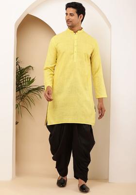 Yellow Striped Viscose Kurta Set For Men
