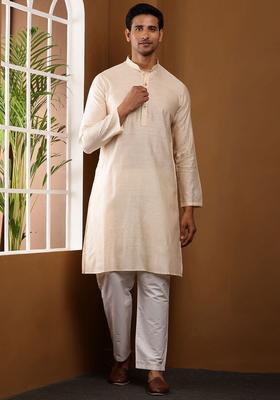 Cream Self Design Viscose Kurta Set For Men