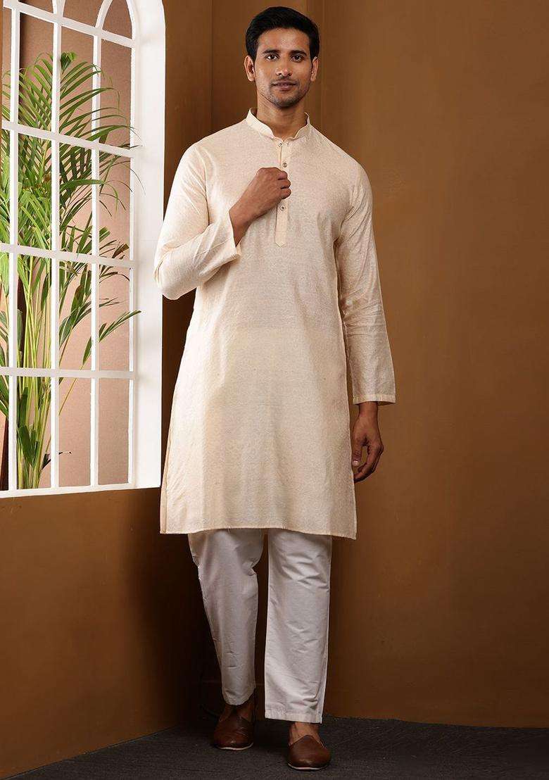 Cream Self Design Viscose Kurta Set For Men - Indya