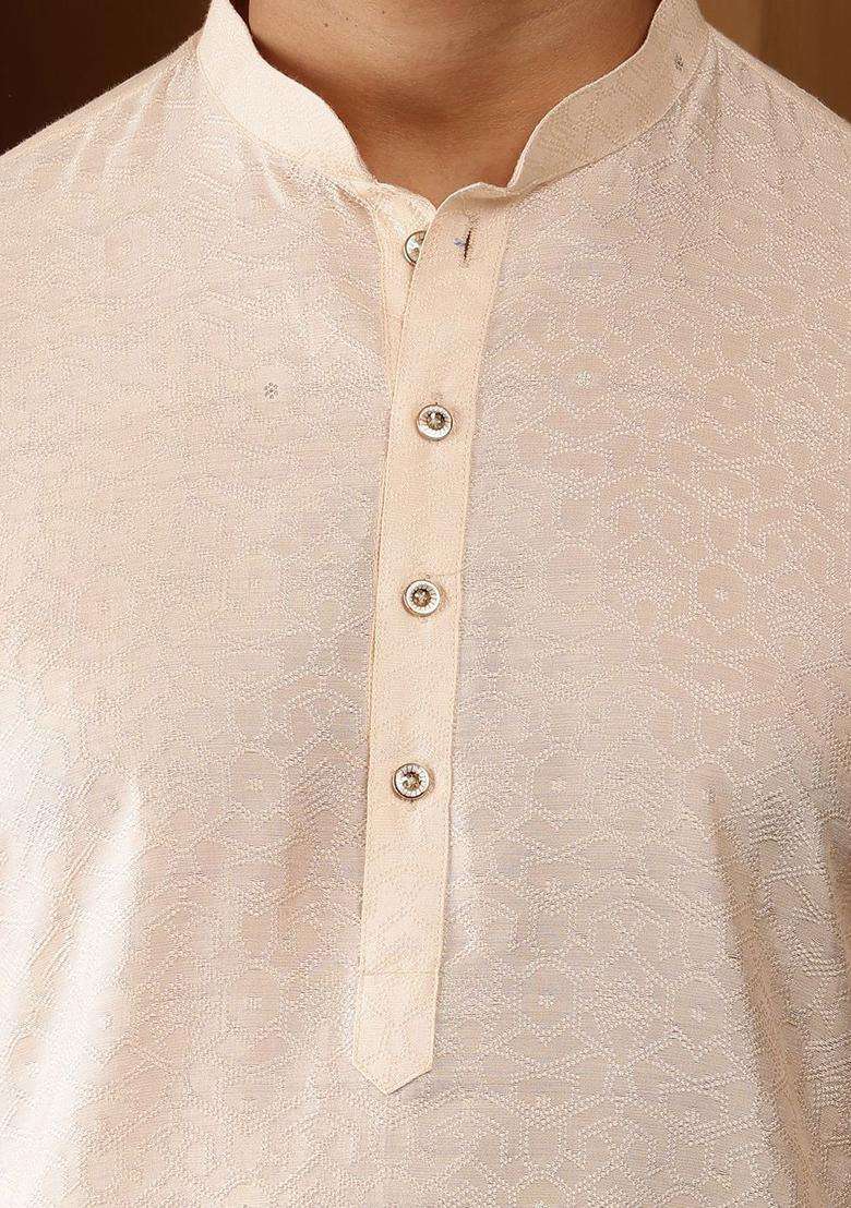 Cream Self Design Viscose Kurta Set For Men - Indya