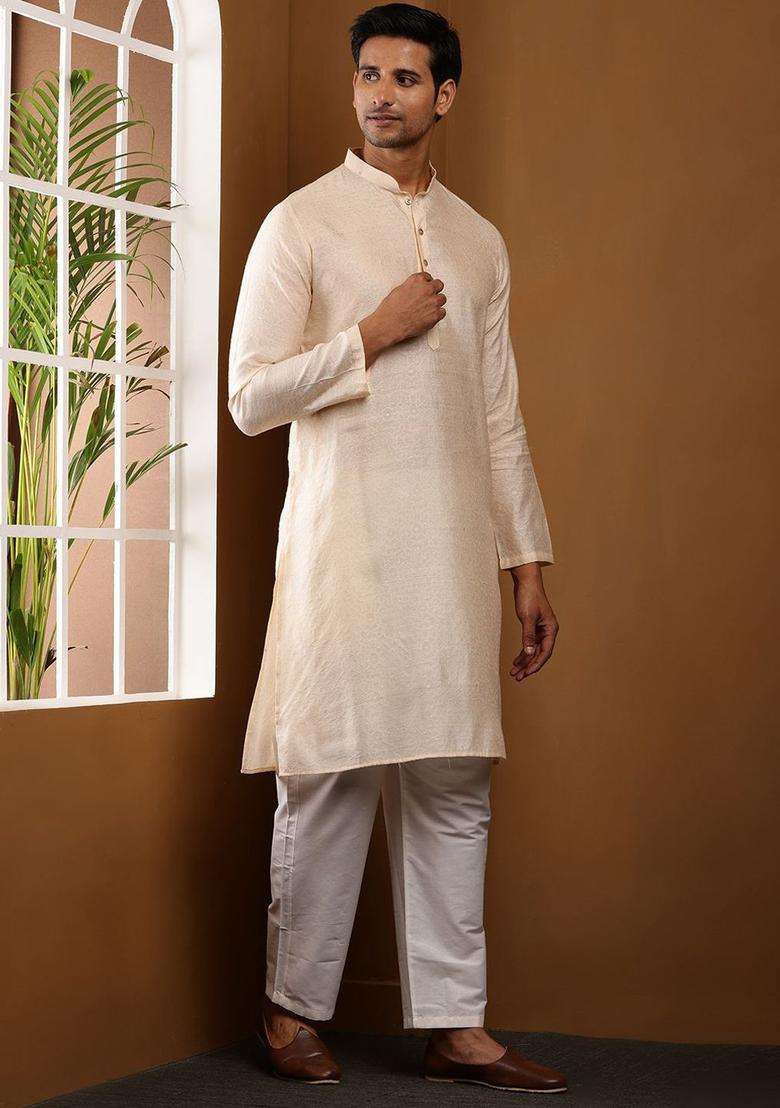 Cream Self Design Viscose Kurta Set For Men - Indya