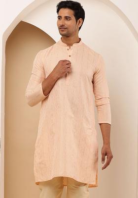 Peach Self Design Viscose Kurta Set For Men