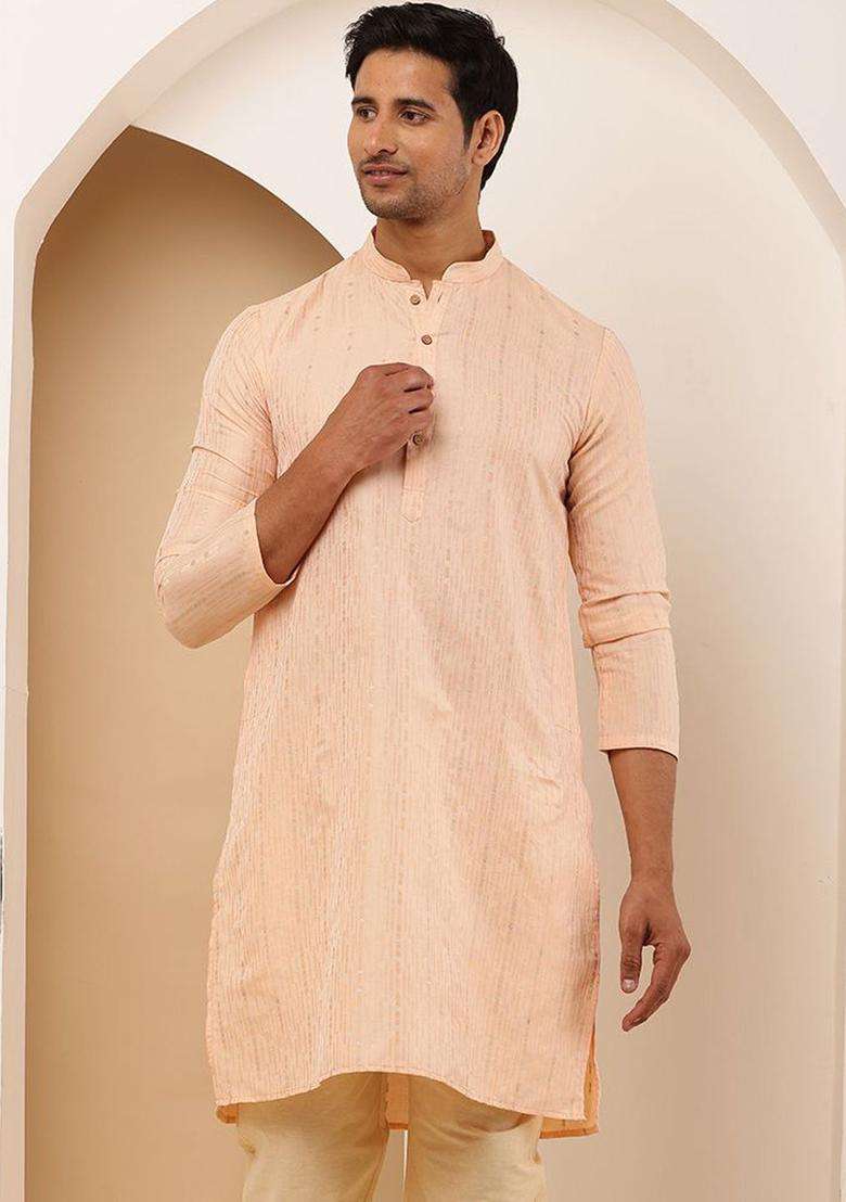 Peach Self Design Viscose Kurta Set For Men - Indya