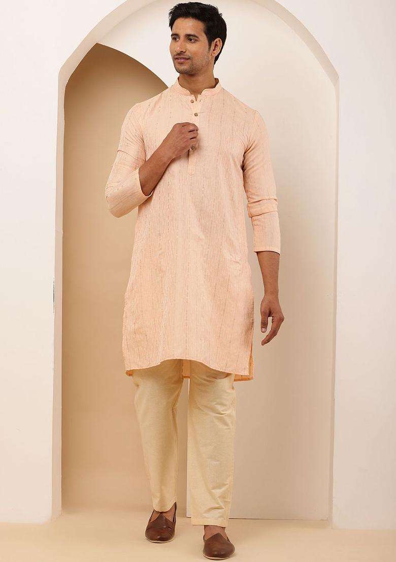 Peach Self Design Viscose Kurta Set For Men - Indya