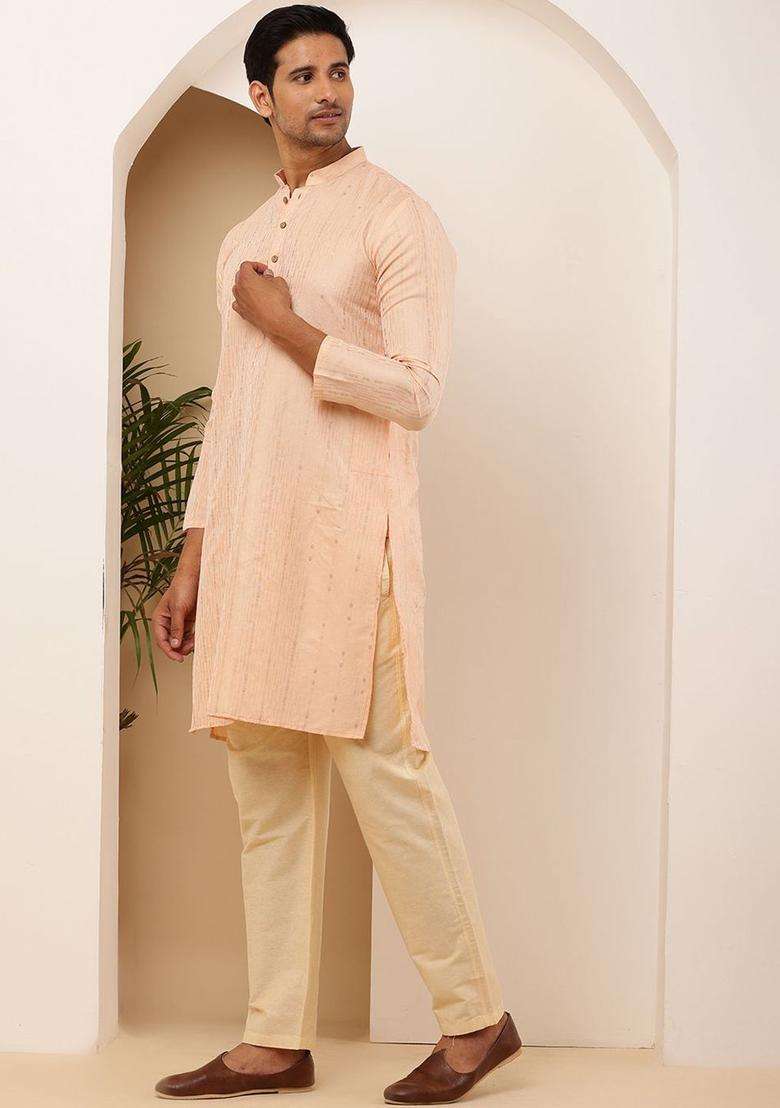 Peach Self Design Viscose Kurta Set For Men - Indya