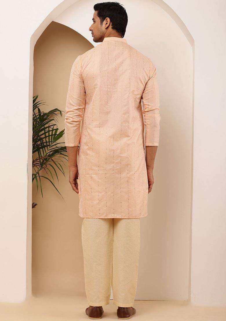 Peach Self Design Viscose Kurta Set For Men - Indya