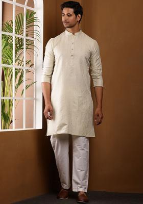 Beige Embroidered Viscose Kurta Set For Men